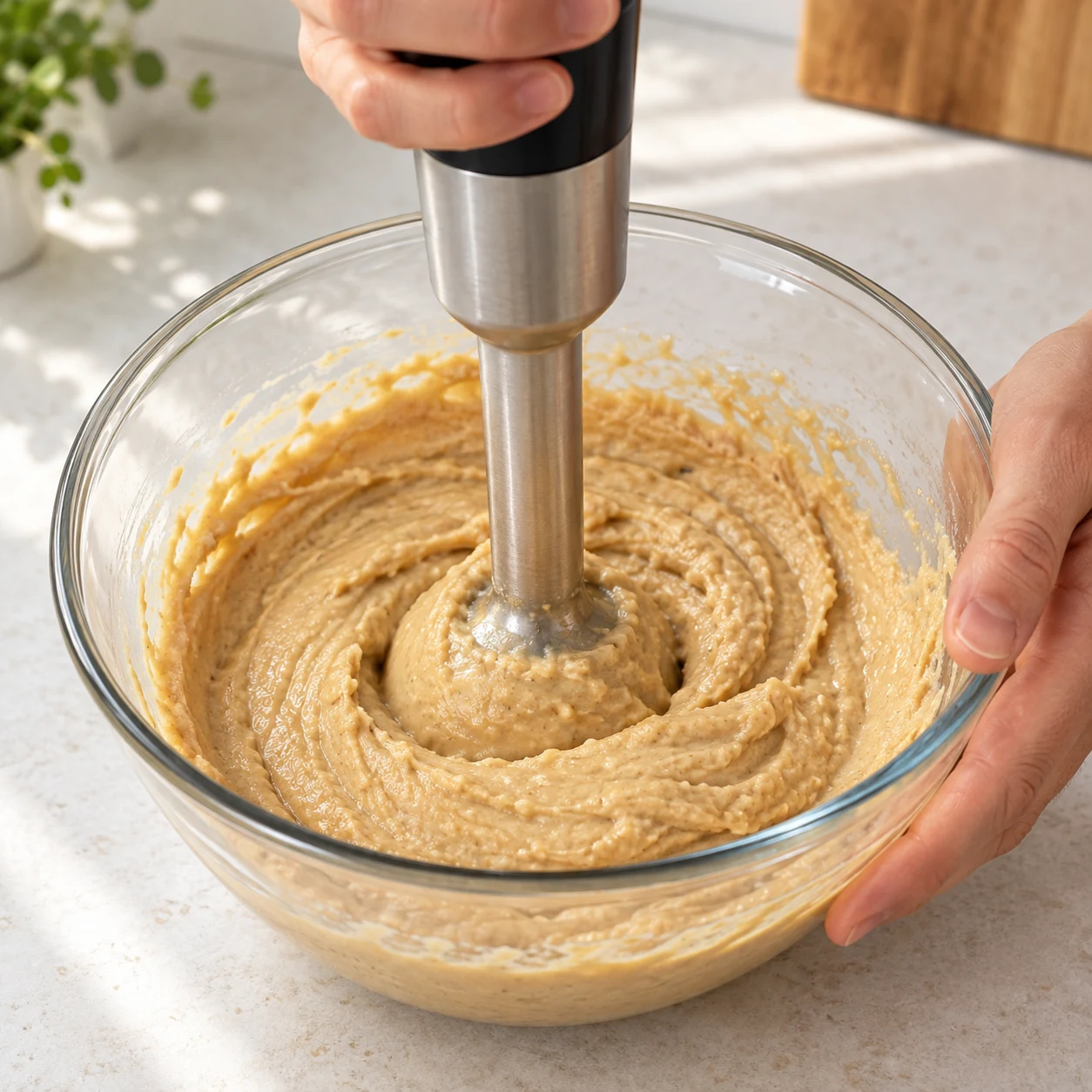 Mixe les ingrédients au mixeur plongeant jusqu’à obtenir une pâte homogène. Garde la tête du mixeur immergée et arrête l’appareil avant de la sortir.
