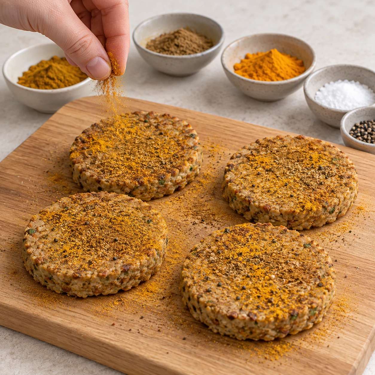 Assaisonne les deux faces des 400 g de steaks végétaux réfrigérés avec curry, cumin, curcuma, sel et poivre selon le goût. Les steaks sont déjà salés : goûte le dhal avant de compléter le sel. Montrer : Les quatre steaks de 100 g portent un léger voile d’épices, sans amas. Aucun poisson. Steaks végétaux ronds, texture finement hachée de pois et fèveroles, aucun tofu, aucun feuilletage de poisson.
