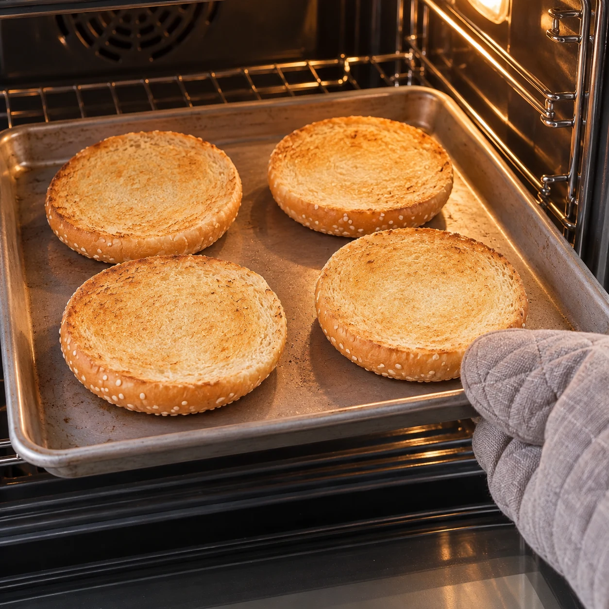 Toaster les pains. Les faces intérieures des pains sont légèrement dorées. Une seule action, plan de travail pierre pâle, ustensiles neutres ; seulement les ingrédients de cette étape.