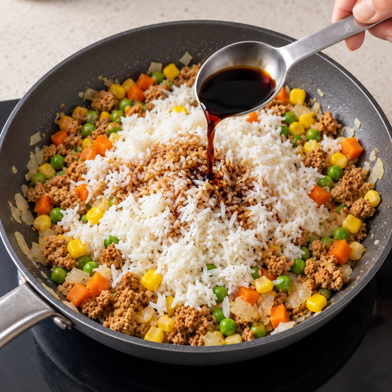 Cuillère mesurant une càs de sauce soja foncée au-dessus du riz blanc et des légumes avec émietté végétal.