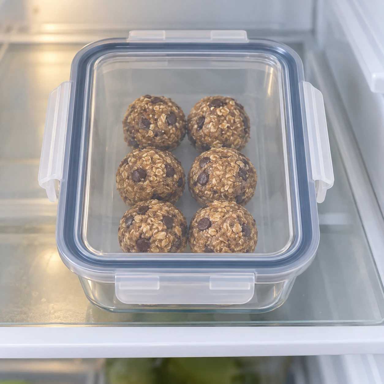 Une boîte transparente fermée contient six boulettes, rangées en trois paires, sur une étagère de réfrigérateur.