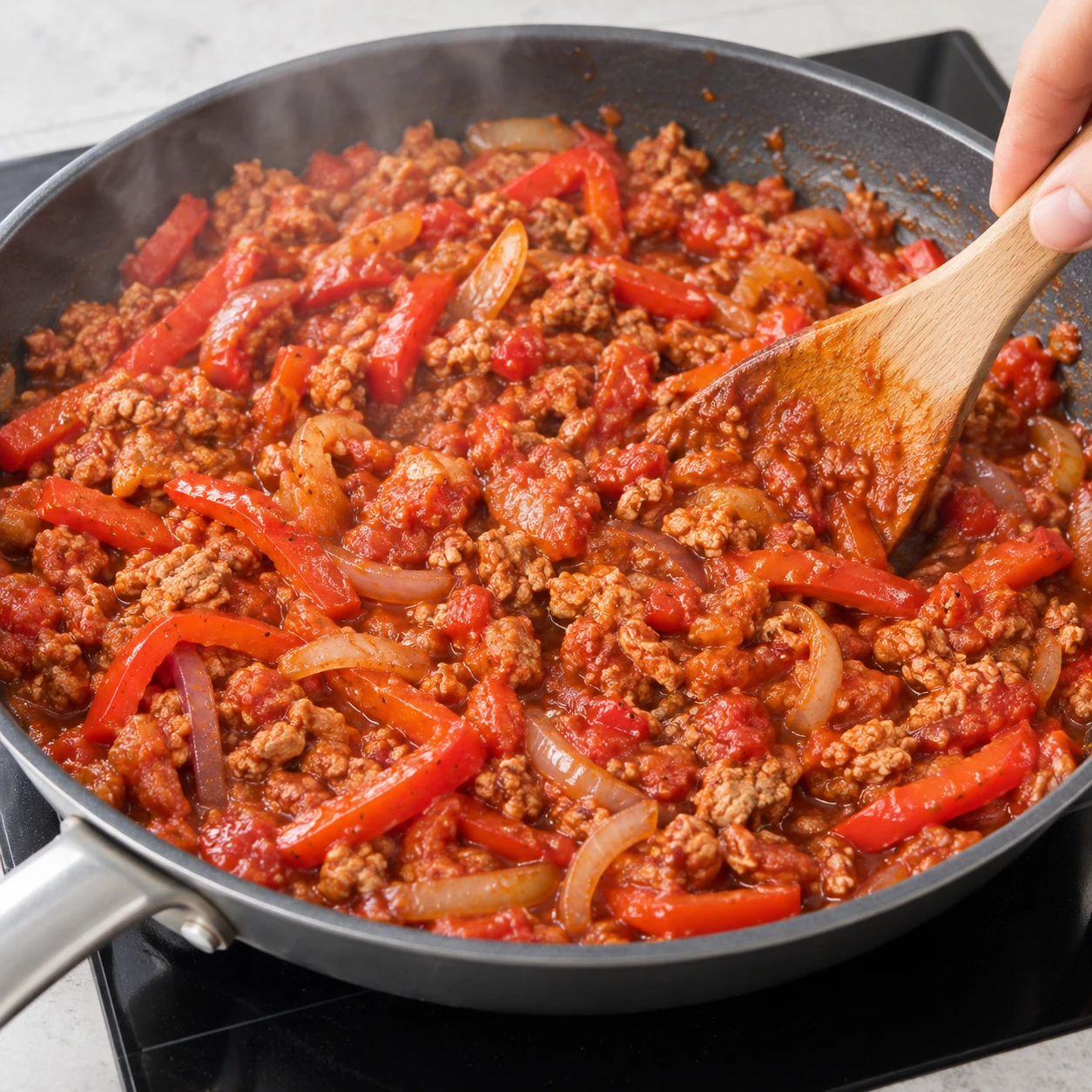 Spatule mélangeant sauce rouge consistante, haché végétal beige-brun émietté, oignons et lamelles de poivron ; sans haricot ni persil.
