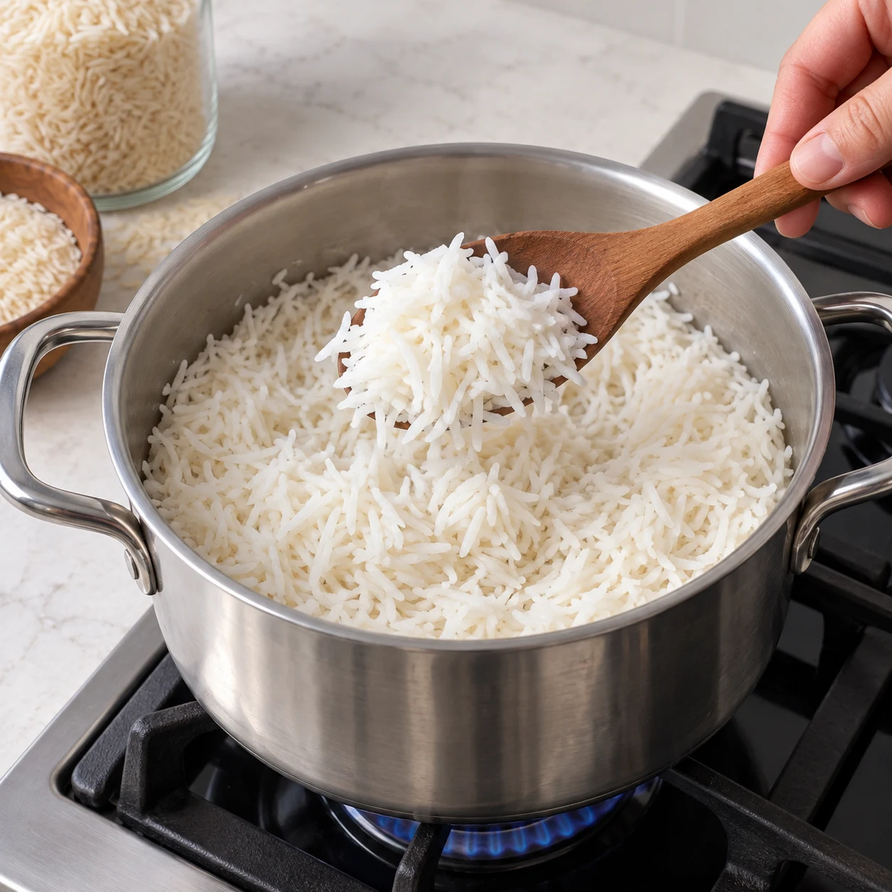 Cuire le riz basmati : Les grains sont cuits à cœur et restent séparables, sans eau libre.