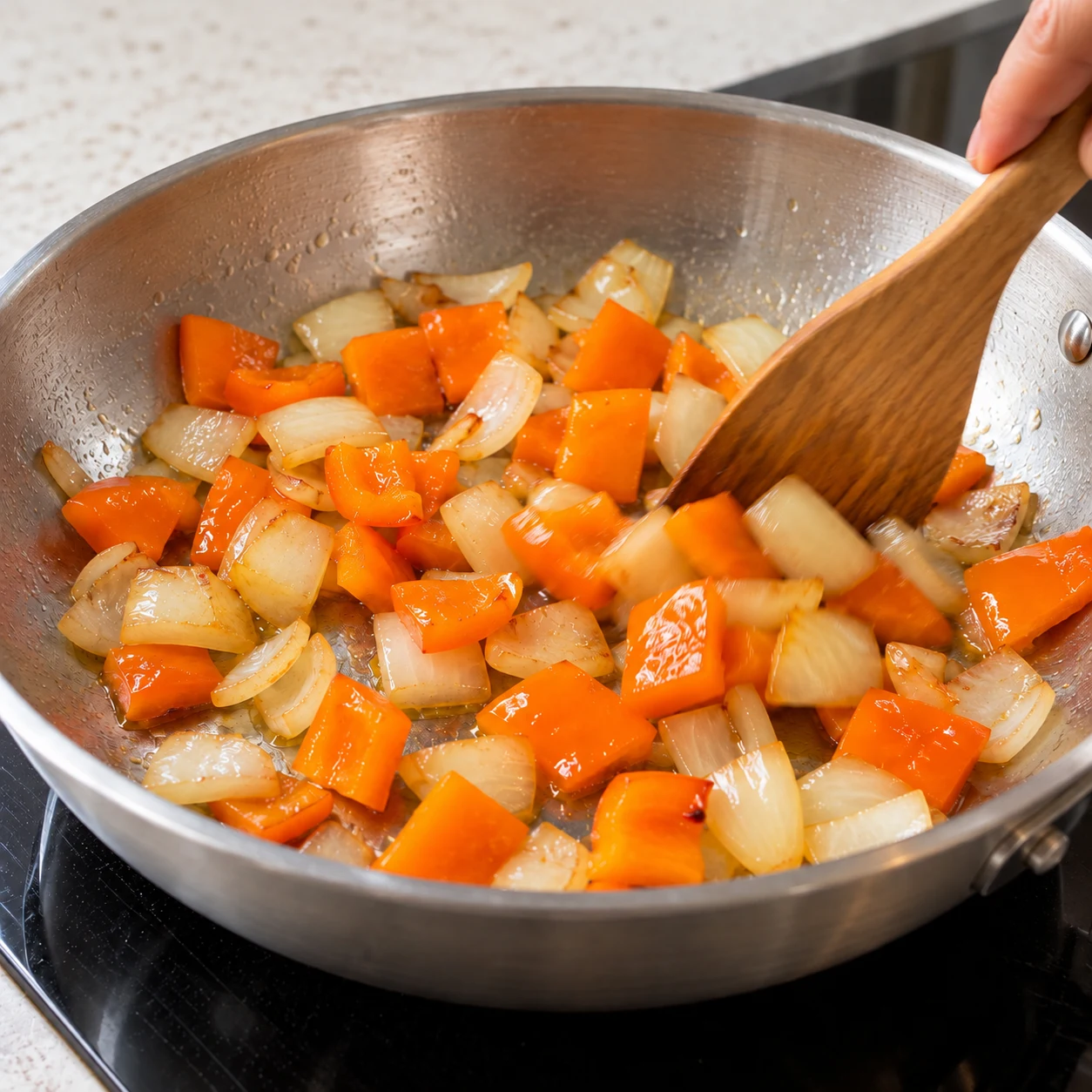 Réserver les bouchées frites. Dans une autre poêle avec un peu d’huile, faire revenir ensemble le poivron et l’oignon à feu vif en remuant. Le résultat à reconnaître : Les légumes sont saisis et restent légèrement croquants.