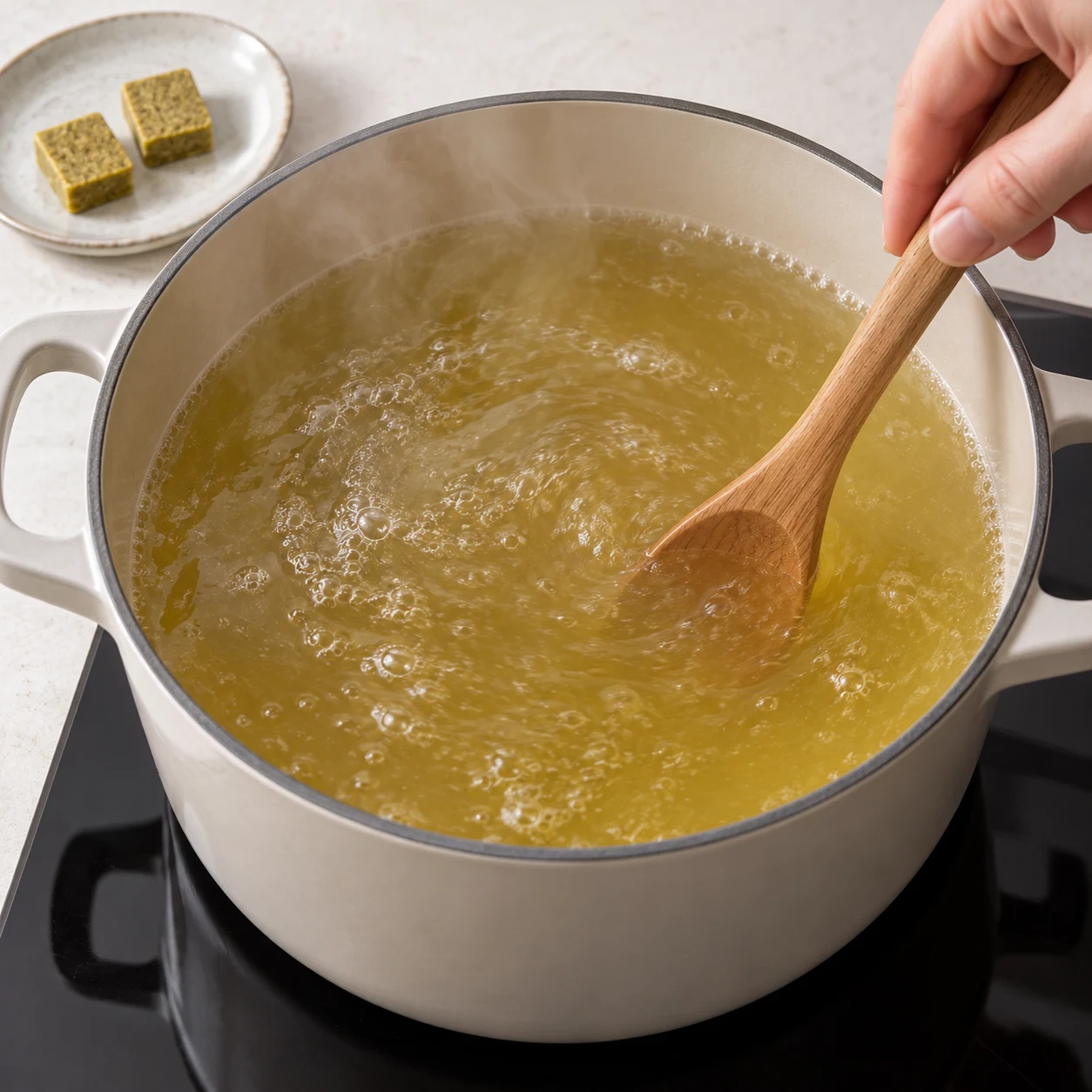 Préparer le bouillon végétal. Dissous deux cubes de bouillon de légumes (18 g au total pour le produit vérifié) dans les 1000 ml d’eau bouillante, selon sa notice. Résultat : Les cubes sont dissous dans le litre d’eau.. Uniquement : Bouillon de légumes en cubes, Eau pour le bouillon. Aucun ingrédient futur.