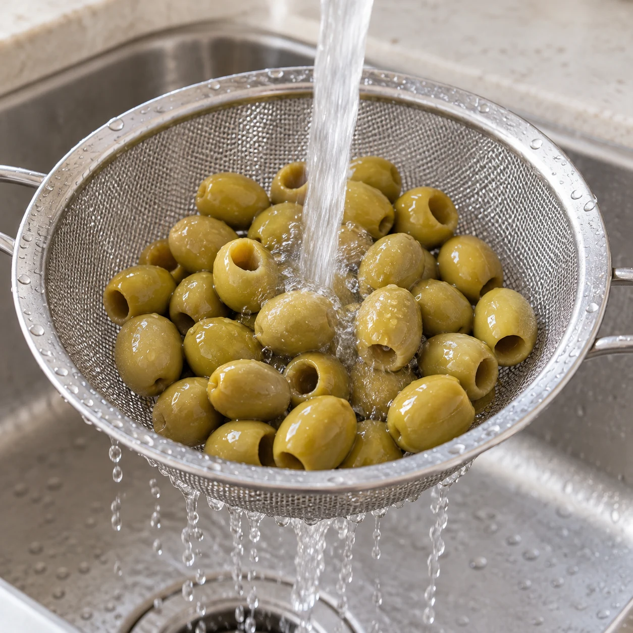 Une passoire remplie uniquement d’olives vertes dénoyautées sous un filet d’eau.