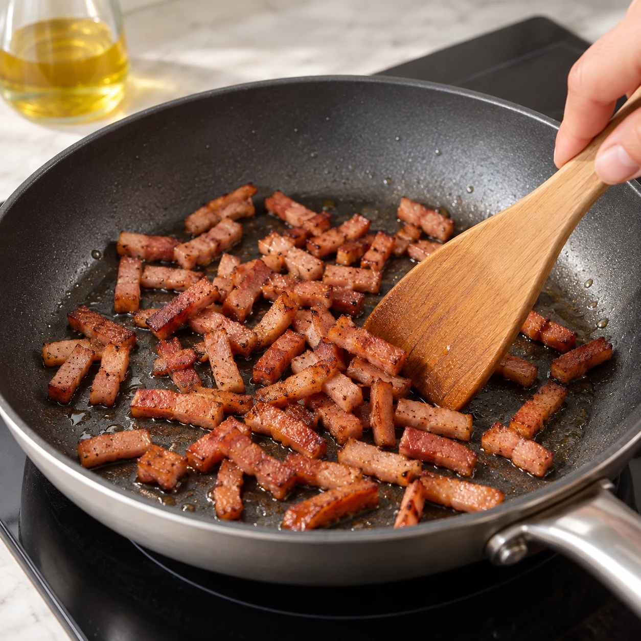 Lardons végétaux fumés en petits bâtonnets brun rosé dorant dans une poêle légèrement huilée, spatule neutre, aucune bande de bacon.