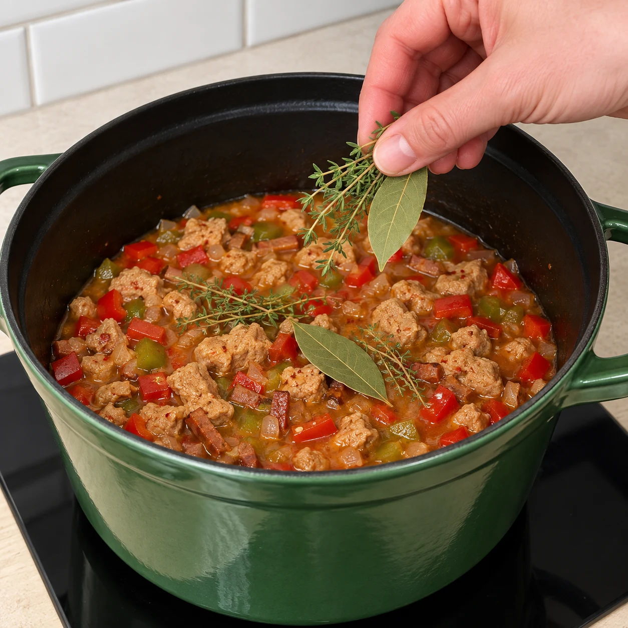 Main anonyme ajoutant quelques brins de thym et feuille de laurier au préparation végétale en dés et aux légumes.