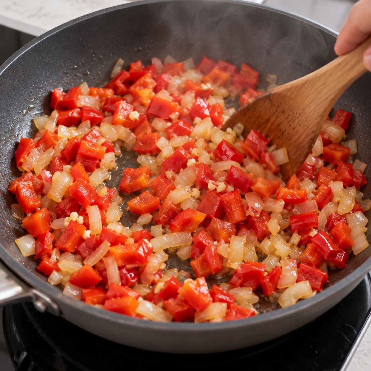 Faire revenir les légumes. L’oignon devient translucide et le poivron s’assouplit sans brûler.. Une seule action, aucun ingrédient des étapes ultérieures.