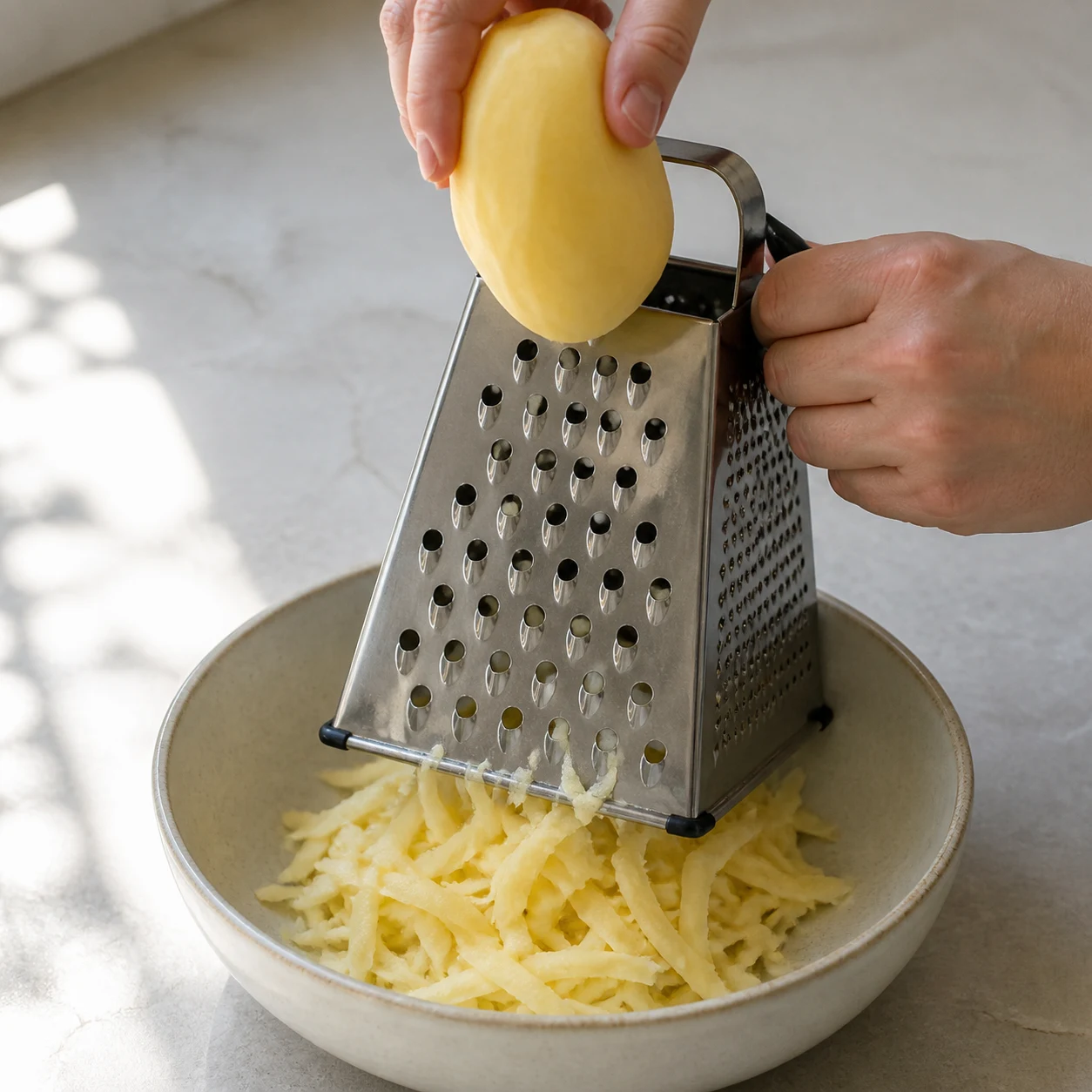 Main adulte tenant une mandoline stable avec protège-doigts, pommes de terre râpées bien essorées dans un linge propre.