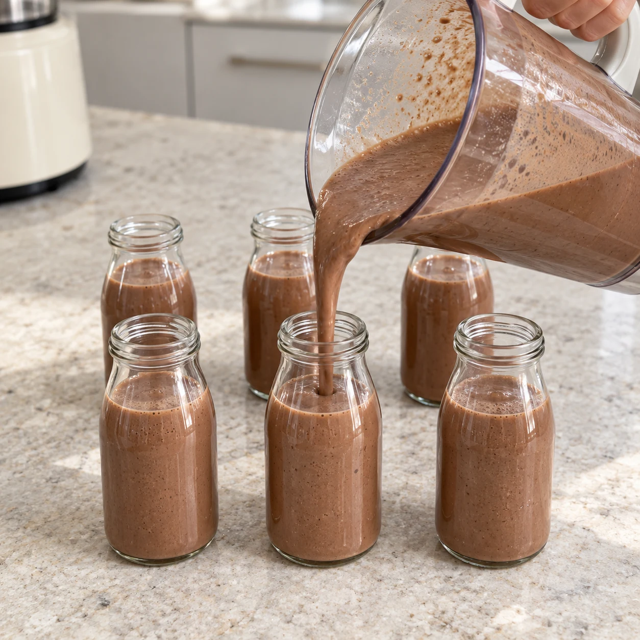 Smoothie brun fluide versé dans une petite bouteille de verre neutre ; cinq autres bouteilles identiques autour.