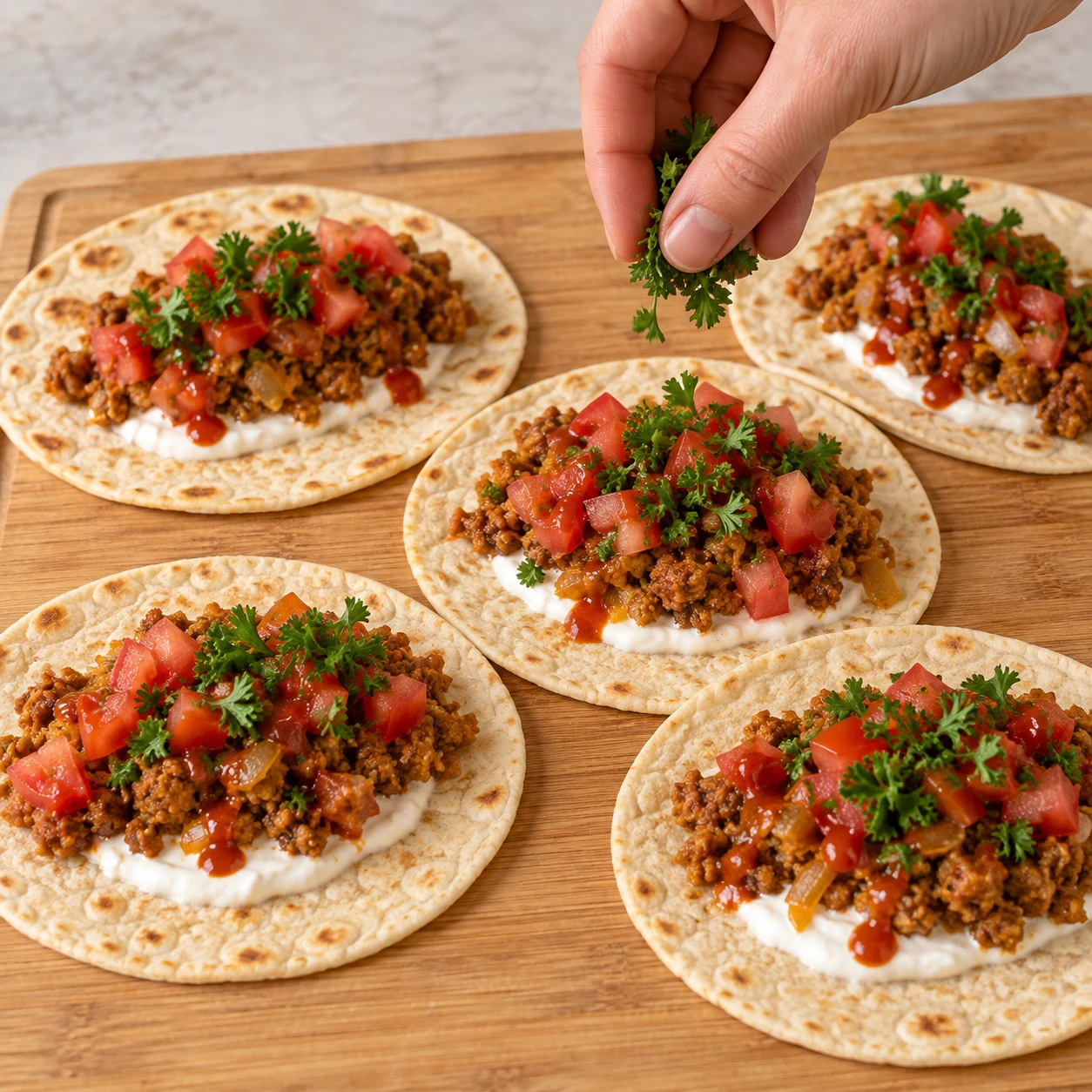 Répartis un peu de crème de soja sur les six tortillas, puis garnis-les de haché de soja épicé, de dés de tomate, de persil et d’un peu de sauce piquante.