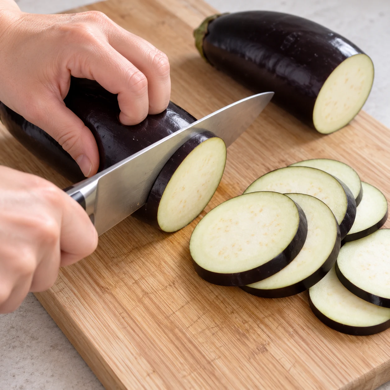 Découpez une aubergine et demie en rondelles sur une planche stable, en repliant les doigts de la main qui tient le légume. Montrer une seule phase et aucune personne identifiable.