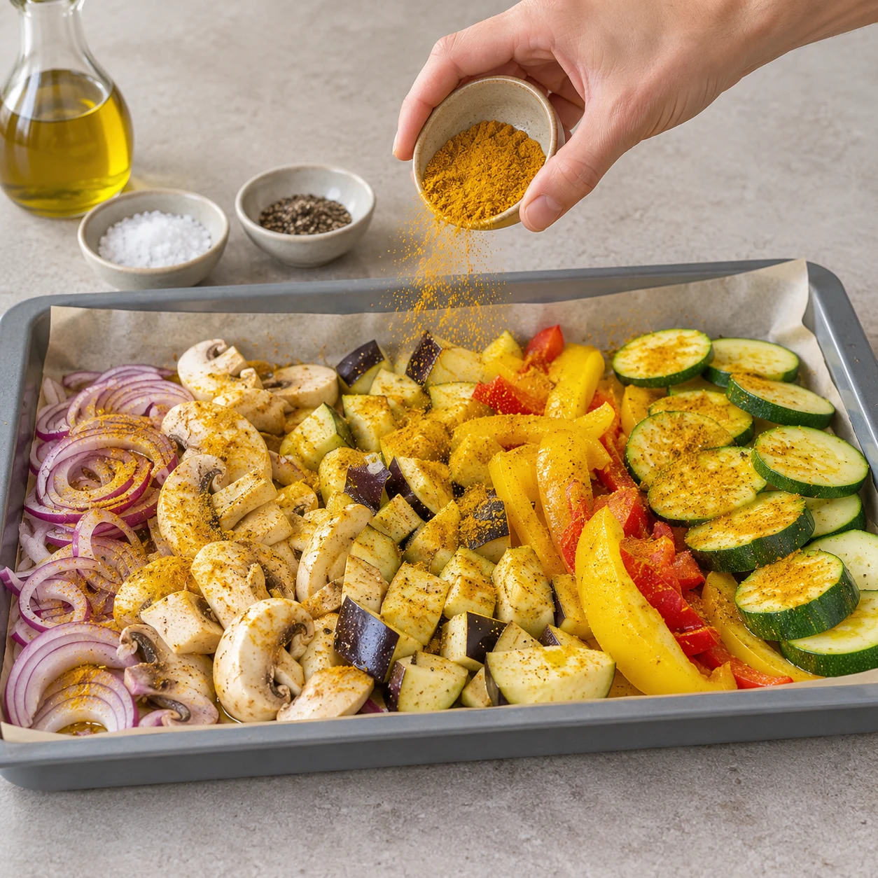 Plaque de légumes crus en bandes colorées saupoudrés de curry jaune, une main adulte anonyme saupoudrant le curry au-dessus des légumes.