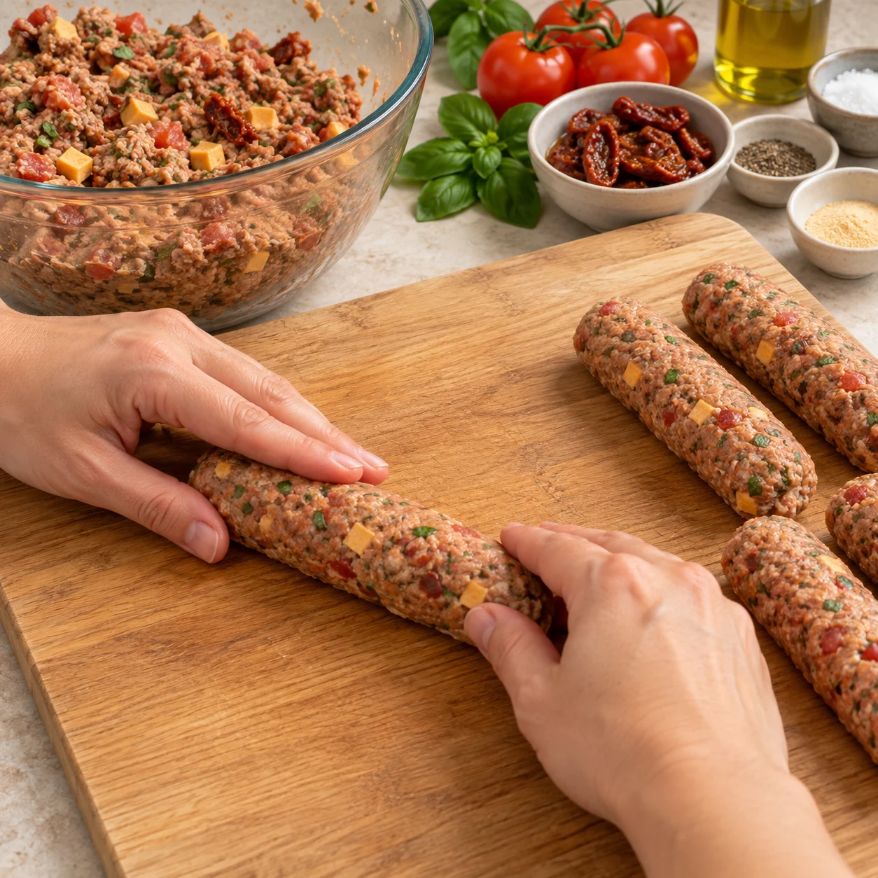 Mains anonymes roulant une saucisse végétale sans enveloppe, inclusions rouges vertes et orangées.