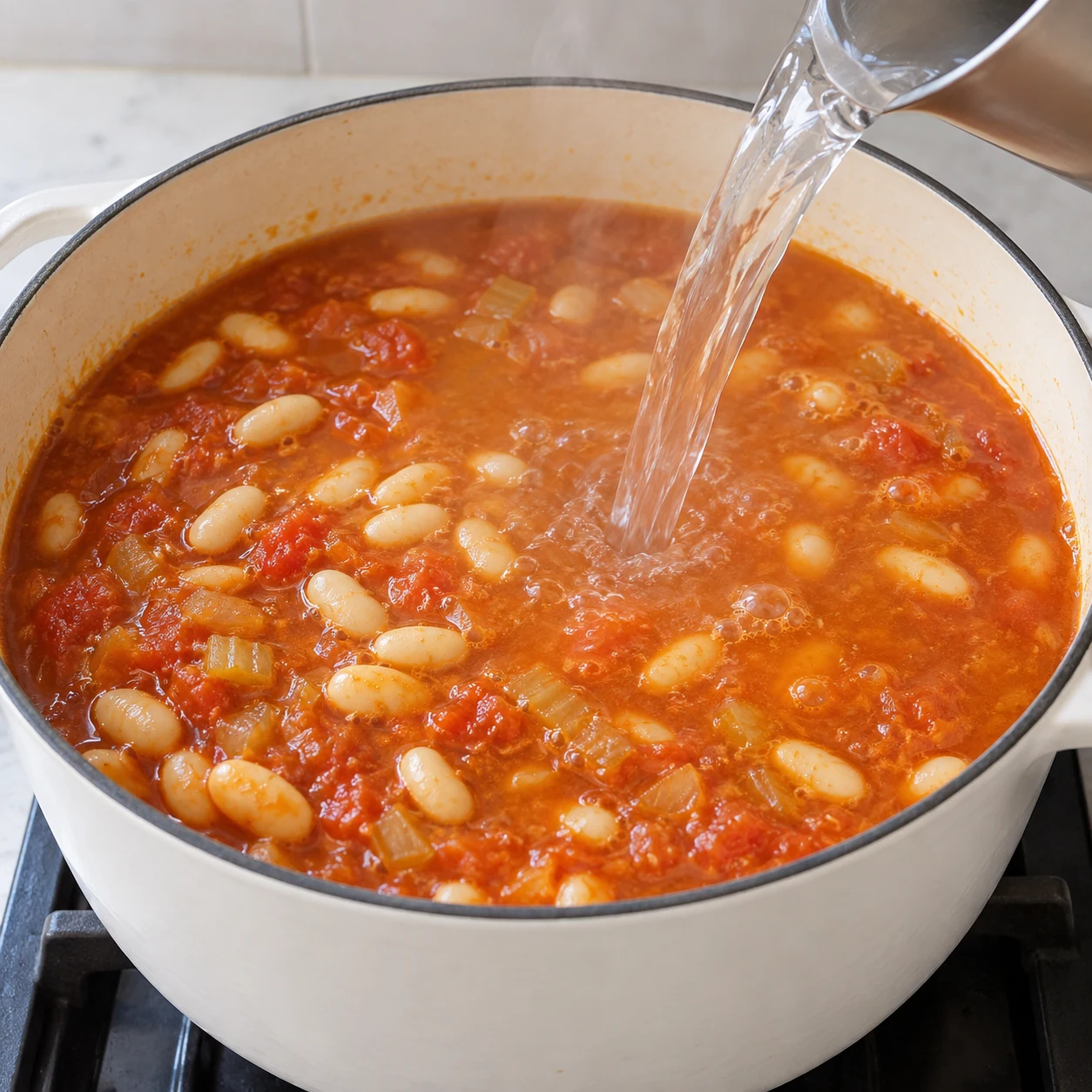 Eau chaude versée pour recouvrir les haricots blancs dans la sauce rouge, sans viande.