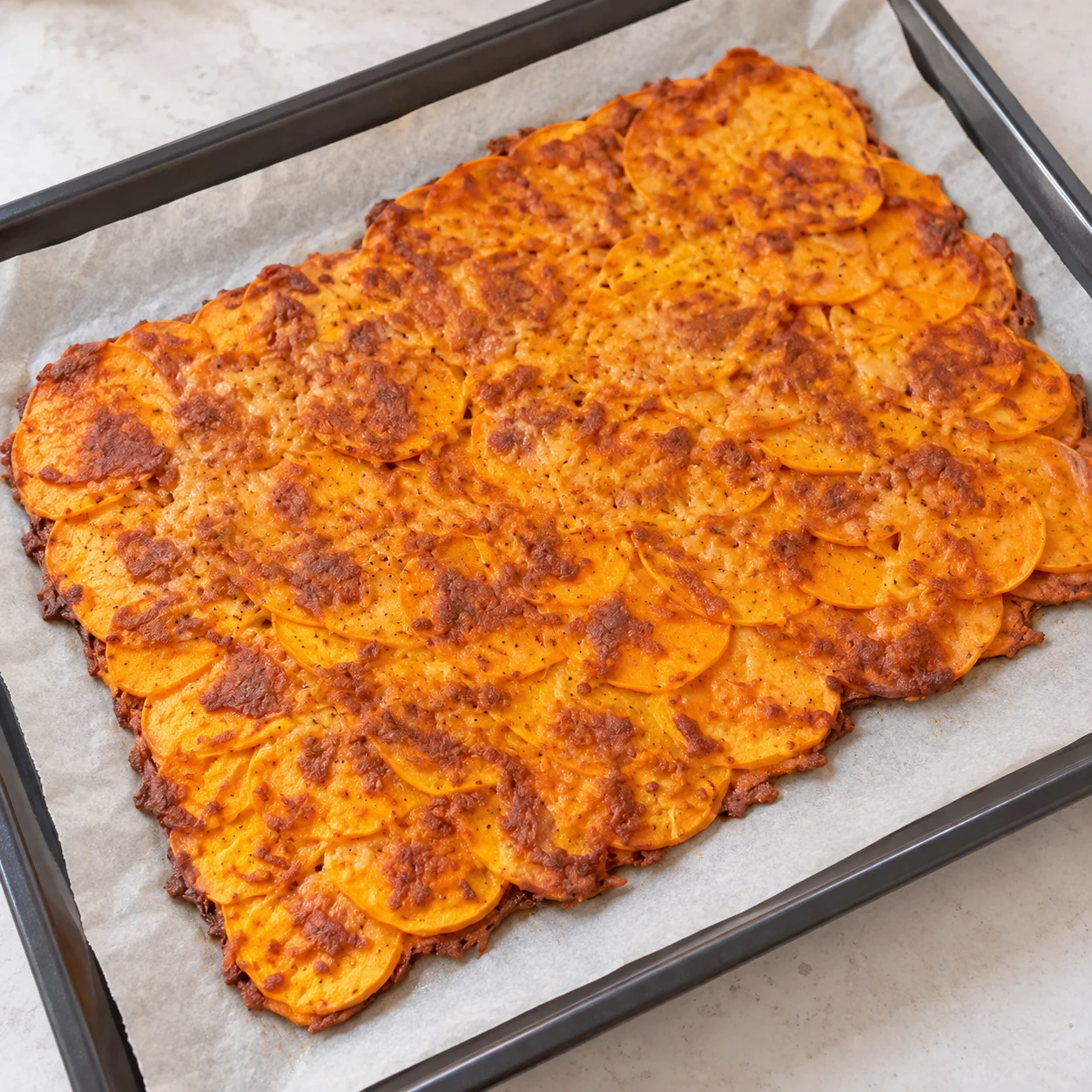Feuille orange cuite et intacte reposant sur papier cuisson sur une plaque.