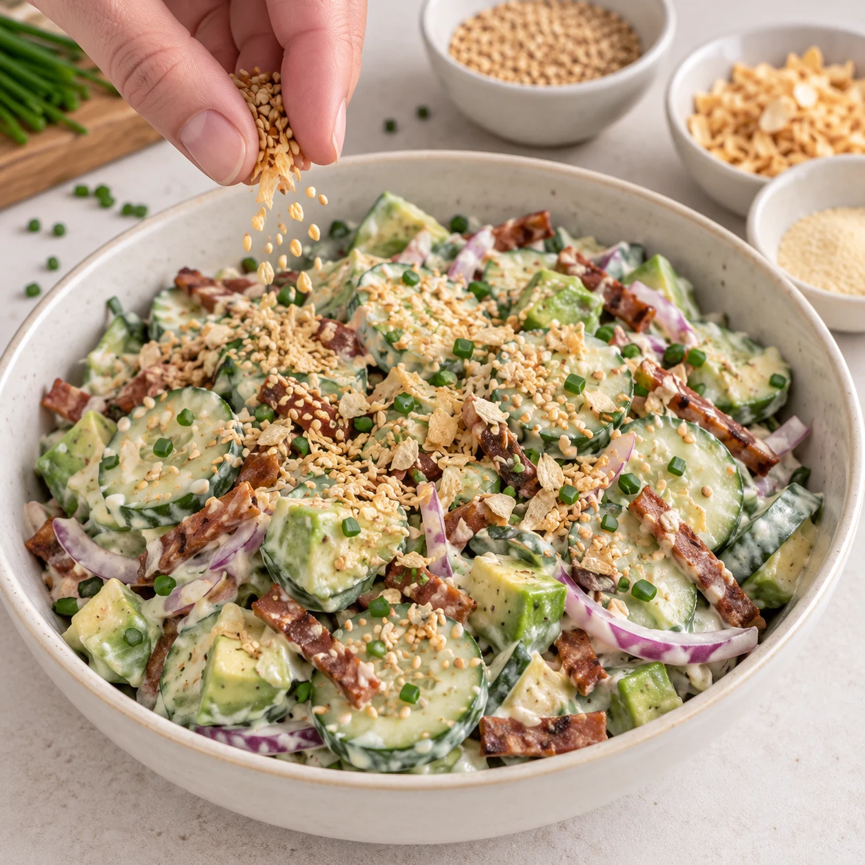 Salade froide finale enrobée de sauce blanche au yaourt de soja : fines rondelles de concombre, dés d’avocat, oignon rouge, petites allumettes végétales brun rouge refroidies, ciboulette, ail en poudre et flocons d’oignon déshydraté, graines de sésame doré beige uniquement ; aucun sésame noir.