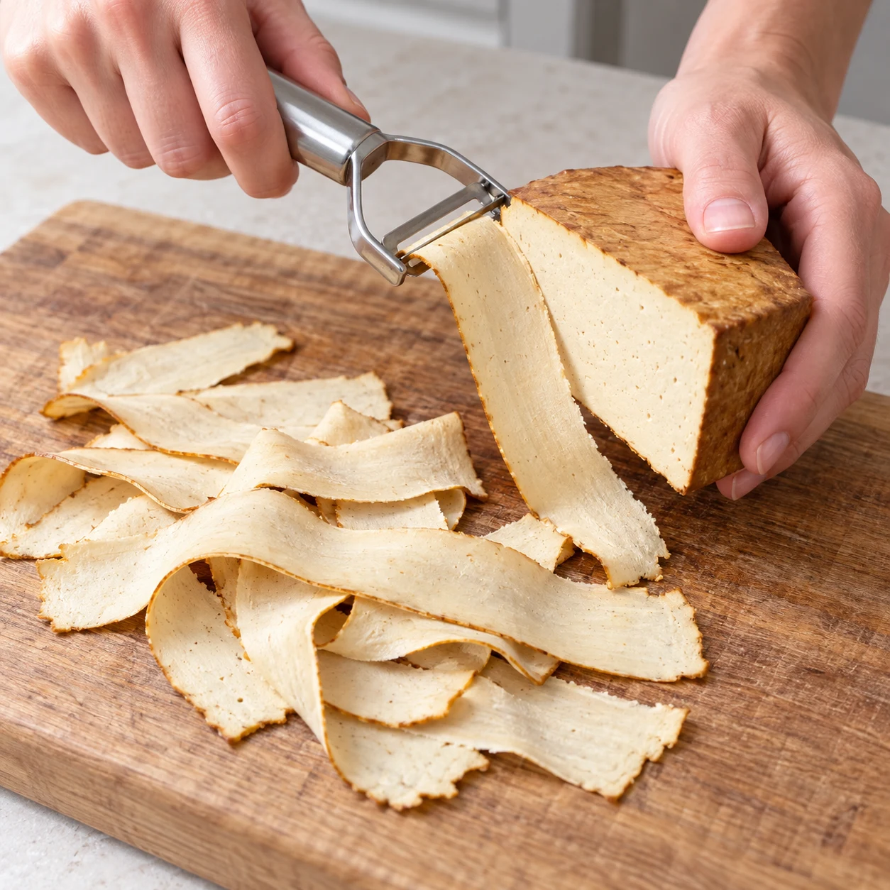 Prélever les lamelles de tofu : Des lamelles fines, larges et souples s’accumulent sur la planche.