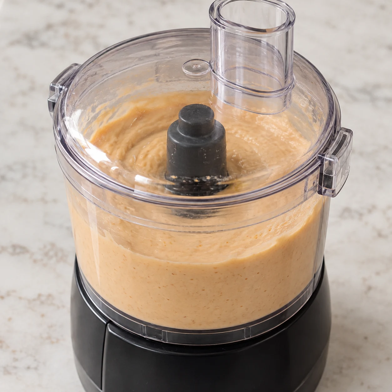 Crème beige légèrement orangée dans un petit robot de cuisine fermé, haricots déjà mixés, aucun ail.