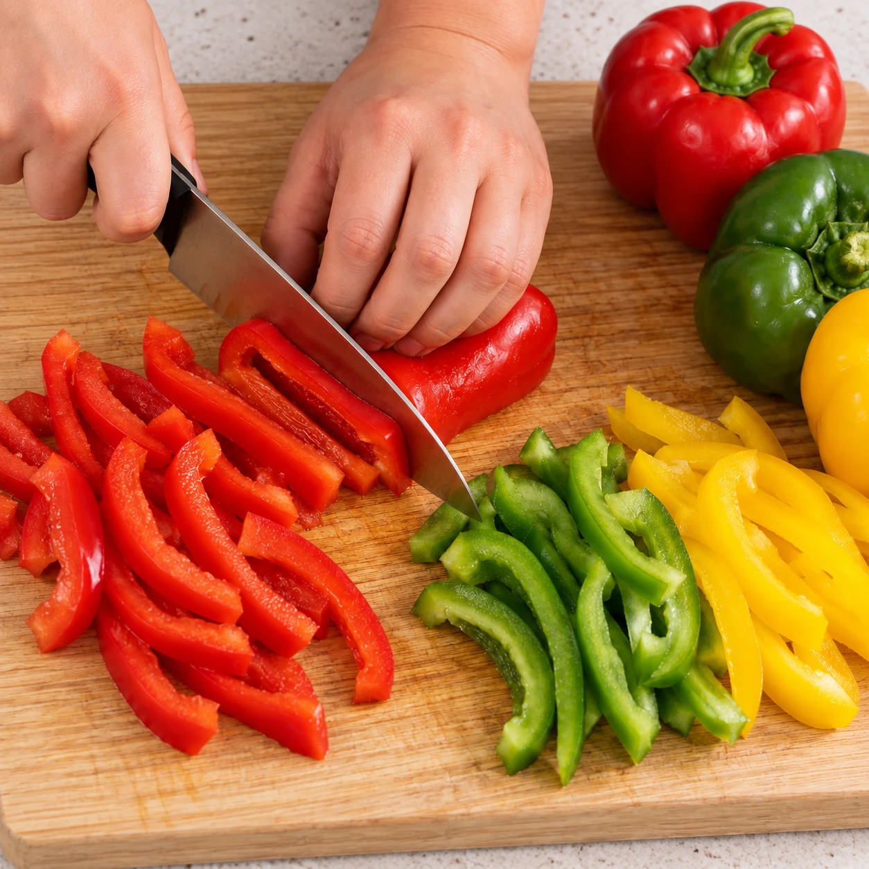 Coupe les trois poivrons en lanières comme dans la recette d’origine. Résultat : Les trois couleurs de poivron sont coupées en lanières.