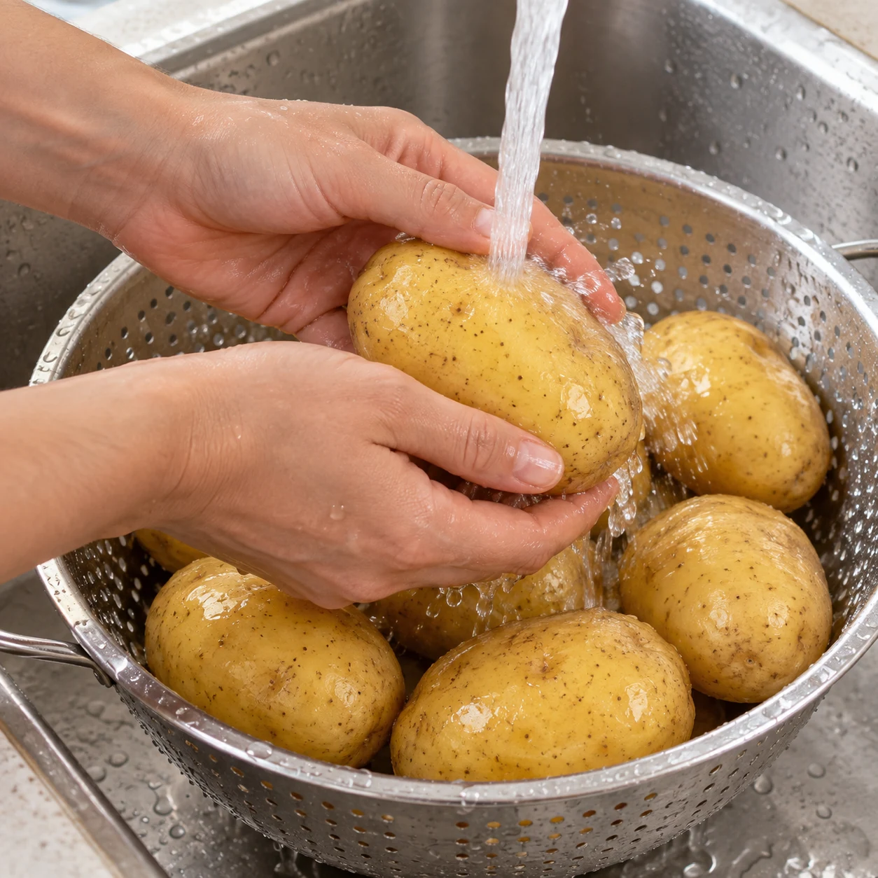 Pommes de terre entières avec peau lavées sous l’eau, mains anonymes sans bijoux.