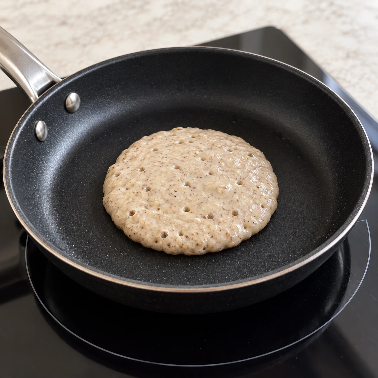 Un pancake beige moucheté cuit dans une poêle antiadhésive, surface avec petites bulles et bord pris.