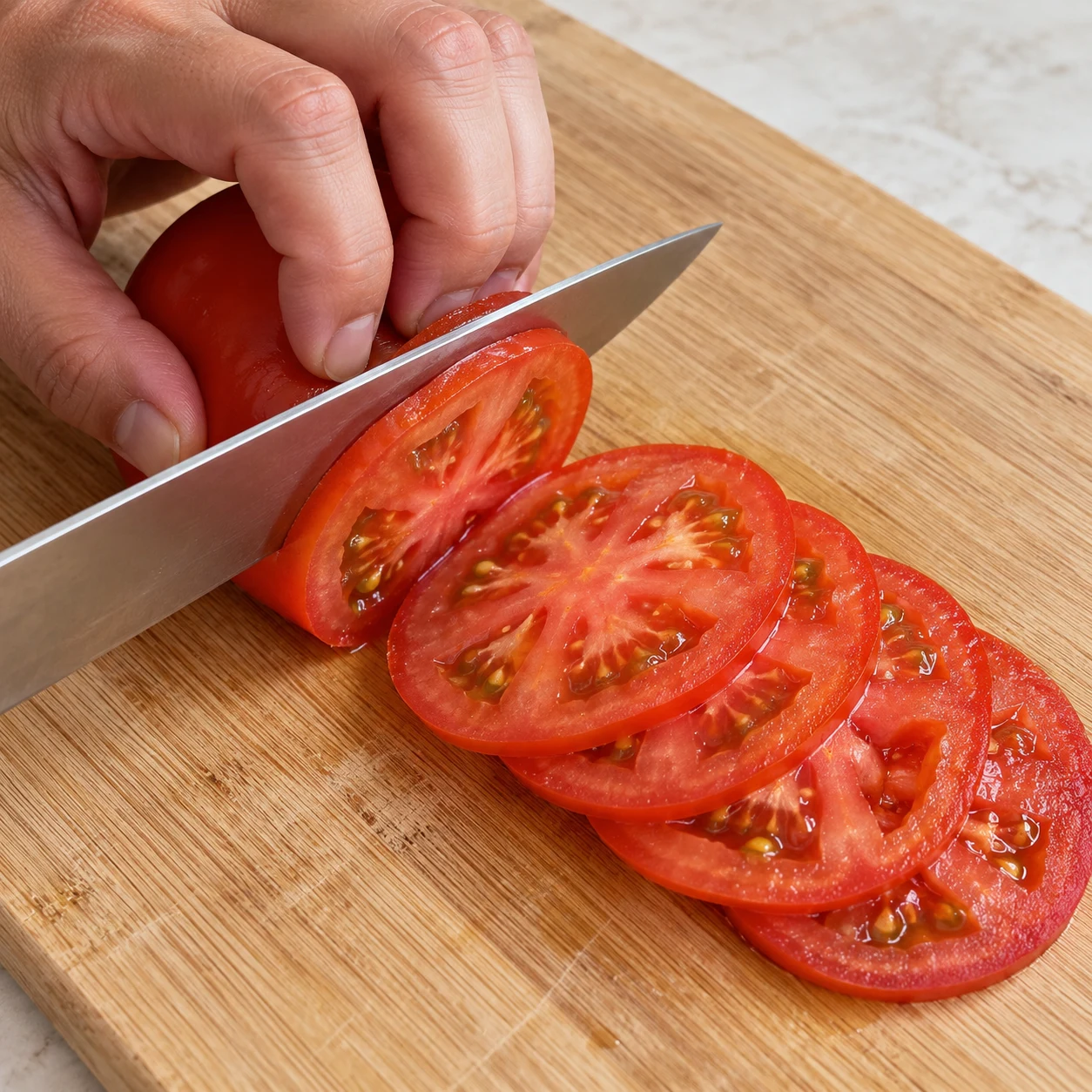 Coupe active de tomate rouge en fines rondelles sur une planche stable, main en griffe.