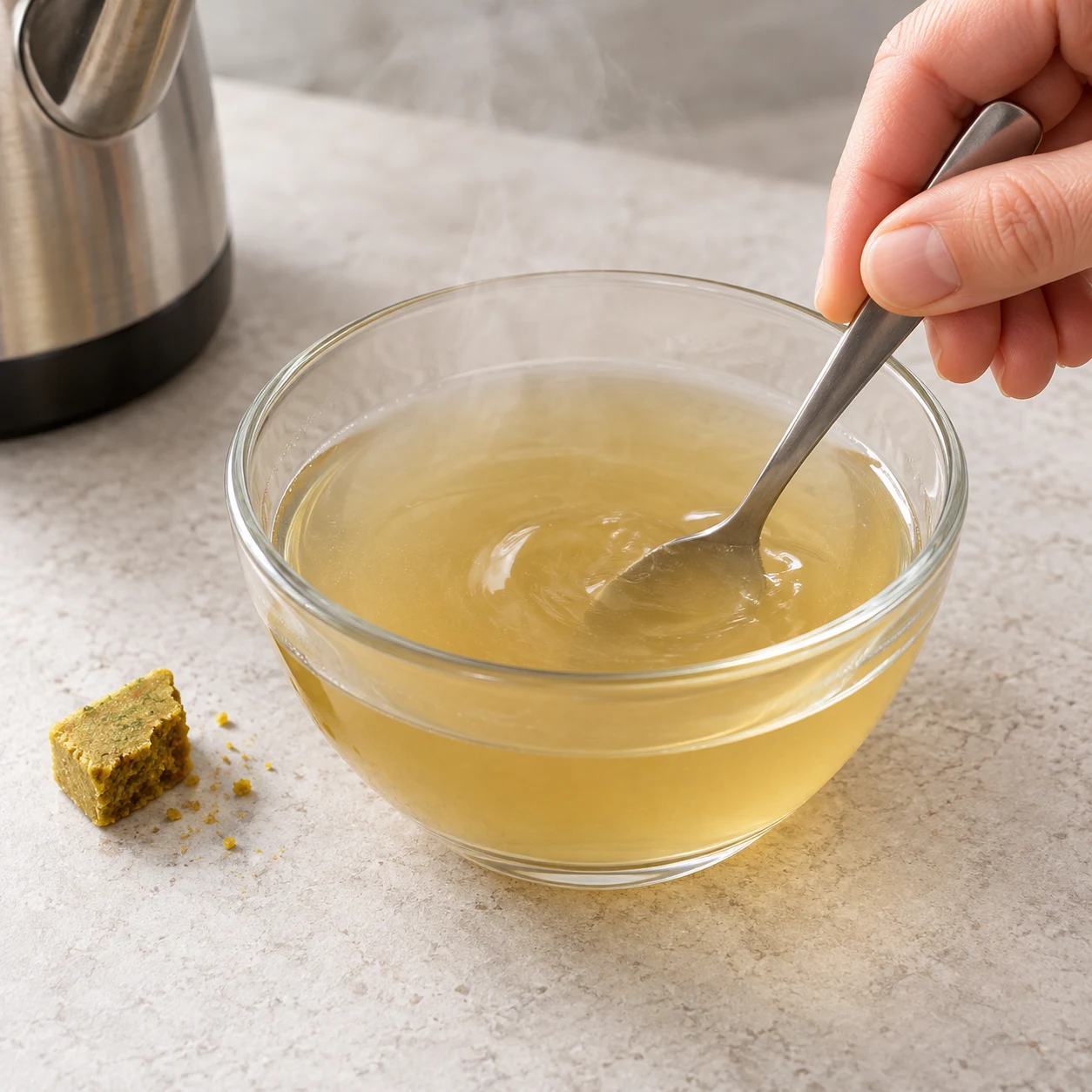 Une cuillère remue un petit morceau de bouillon de légumes pour le dissoudre dans 150 ml d’eau dans un bol neutre.