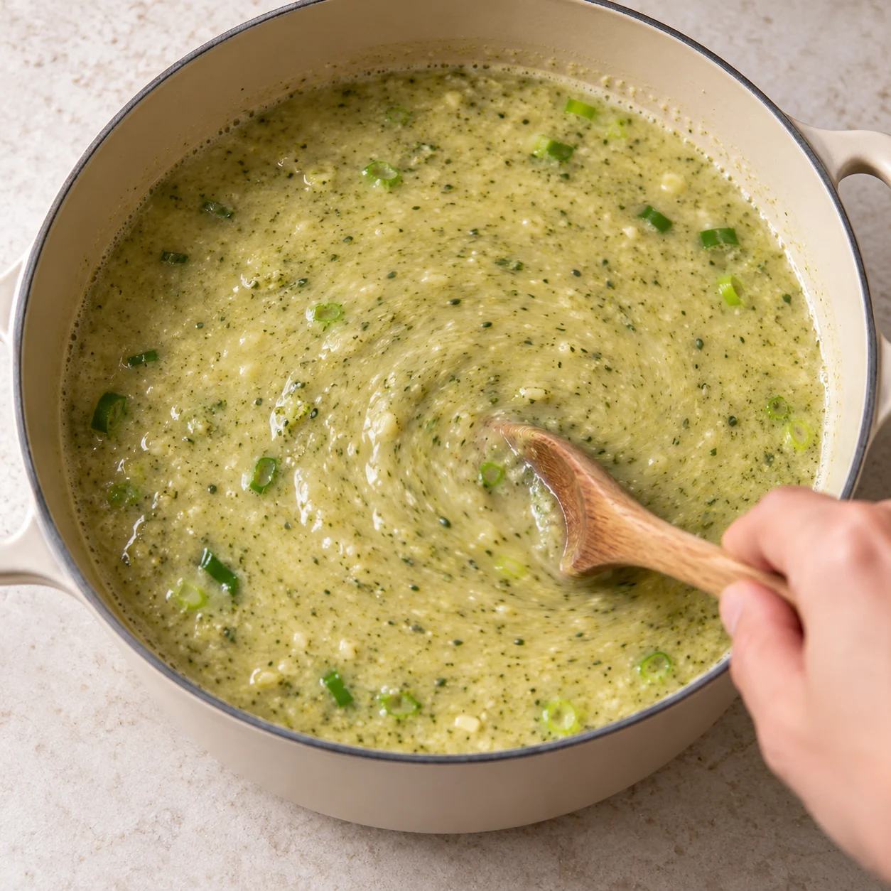 Cuillère mélangeant un bouillon coco et pesto au miso beige-vert, finement granuleux, sans nouilles ni garniture.