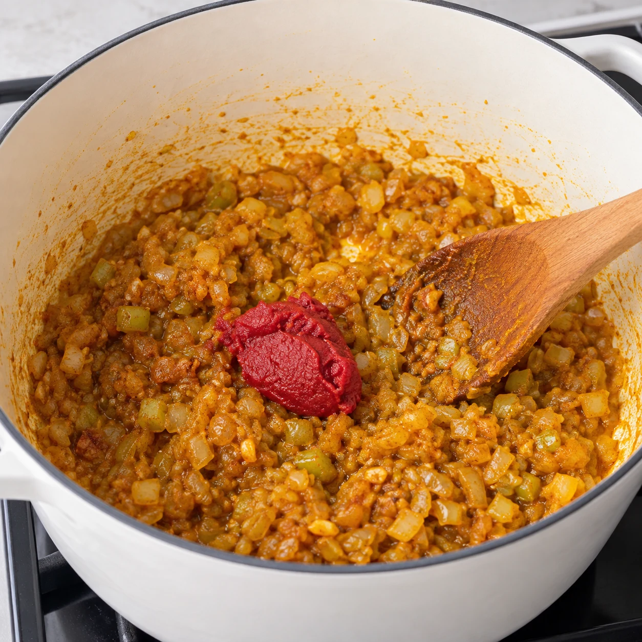 Une cuillère de concentré rouge ajoutée au mélange aromatique épicé sans viande.