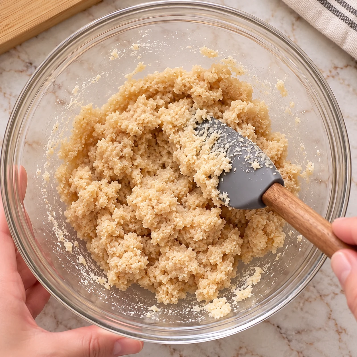 Spatule remuant une pâte amande beige claire, humide et grumeleuse dans un saladier en verre.