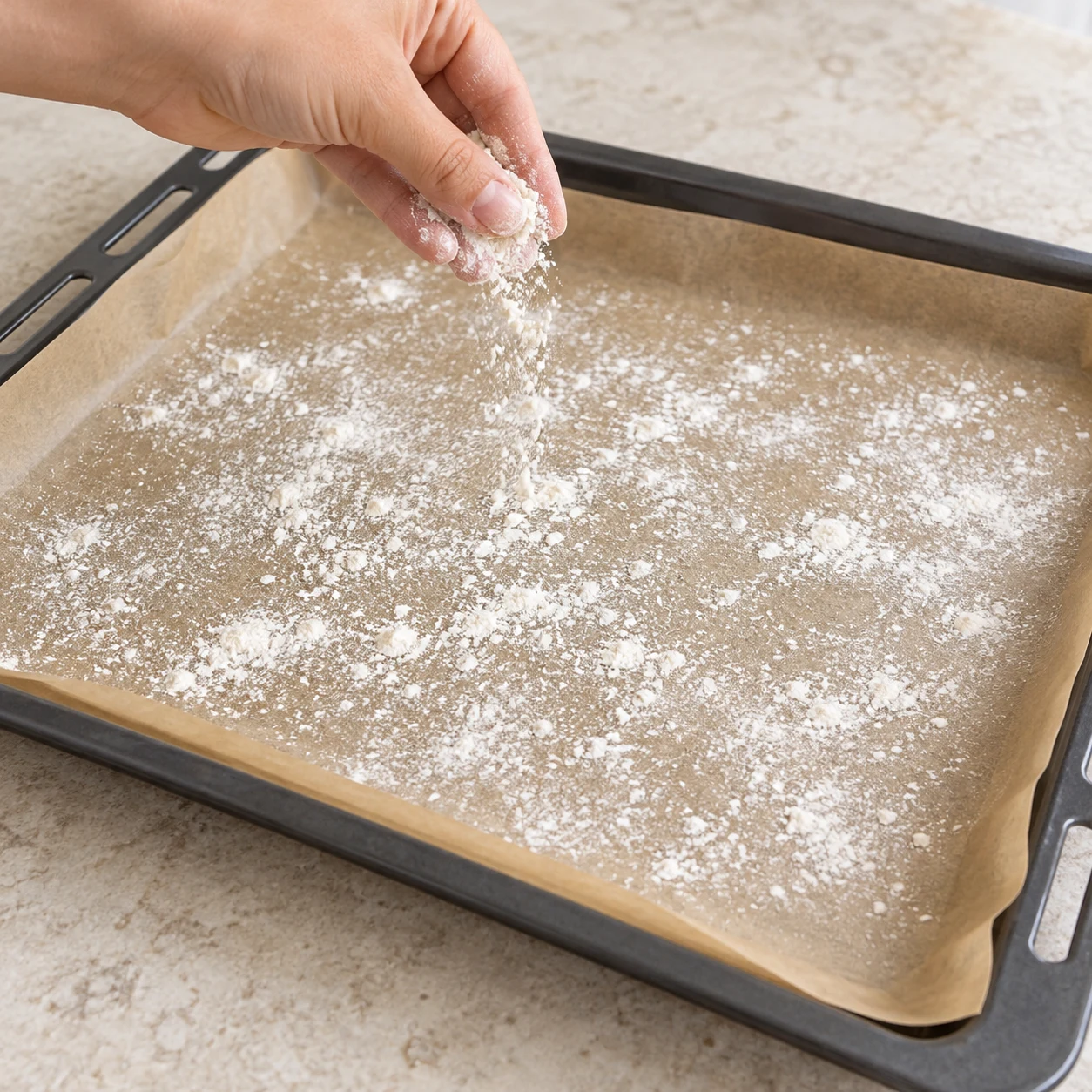 Pour le four traditionnel, chemisez la plaque de papier cuisson et farinez-la légèrement avec un peu de farine T45.