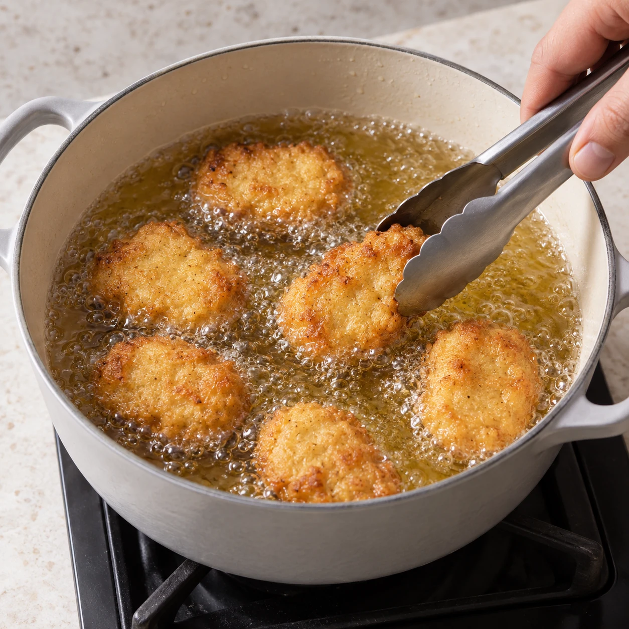 Nuggets végétaux dorant dans une casserole d’huile, pince sèche et gestes sûrs.