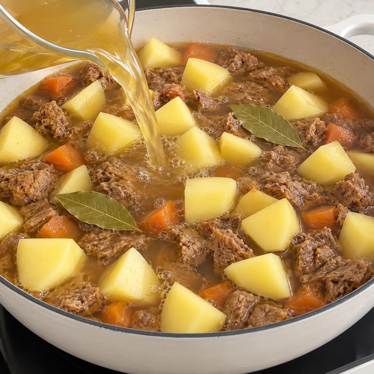 Cubes de pomme de terre crue jetés à la main sur les morceaux de steak végétal et les légumes, feuilles de laurier visibles, bouillon versé ensuite.