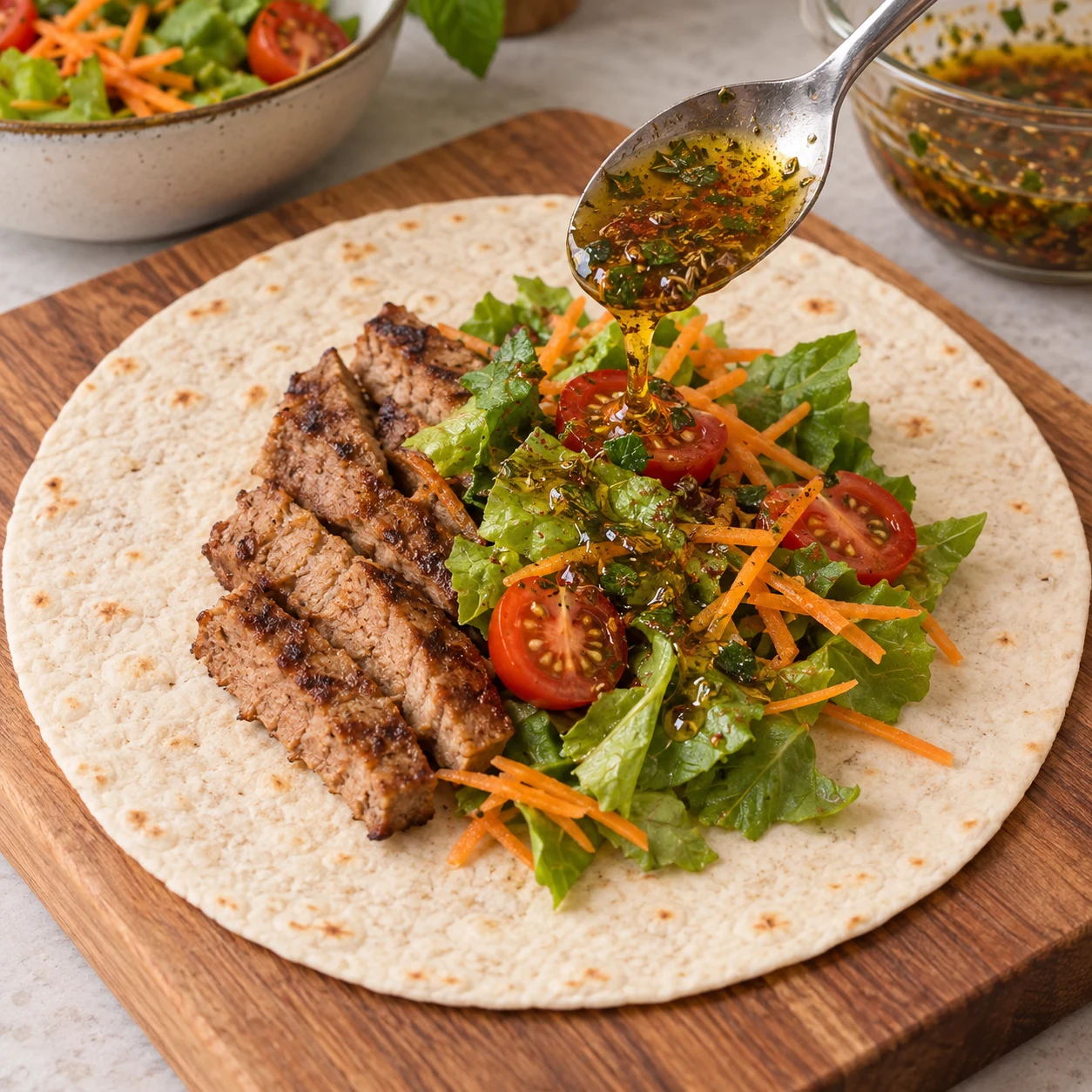 La garniture des tortillas est nappée de marinade sans détremper le pain.