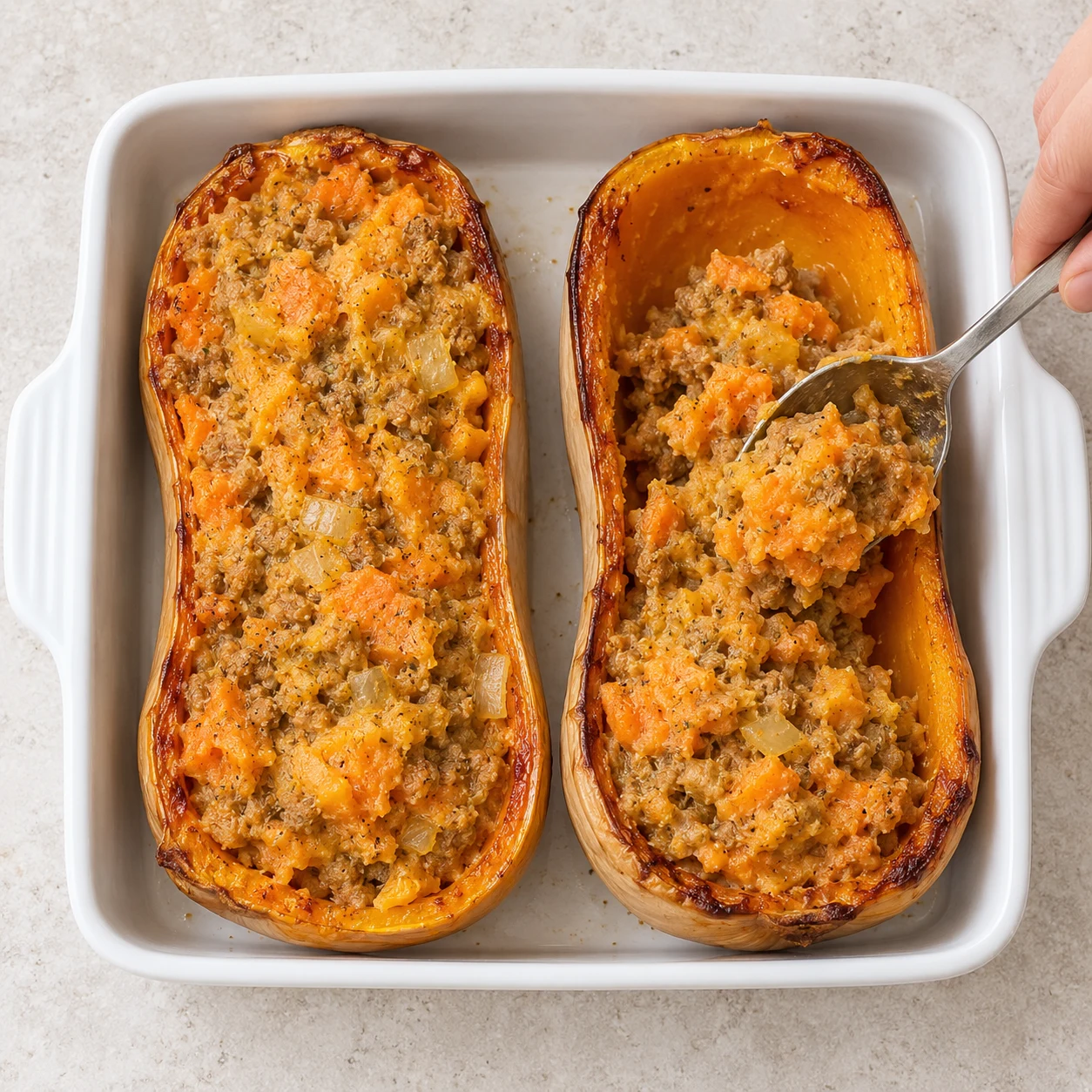 Deux coques de butternut dans un plat blanc; grande cuillère remplissant une coque d’une farce orange au haché végétal, pas de fromage à cette étape.