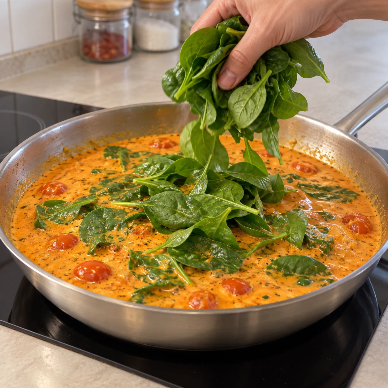 Une seule action : Ajouter les épinards. Les feuilles d’épinards sont dans la sauce. Poêle neutre en inox quand la cuisson est montrée. Aucun ingrédient futur.
