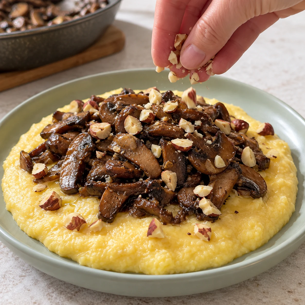 Main anonyme parsemant quelques éclats de noisette sur les champignons et la polenta, aucun œuf ni persil frais encore.