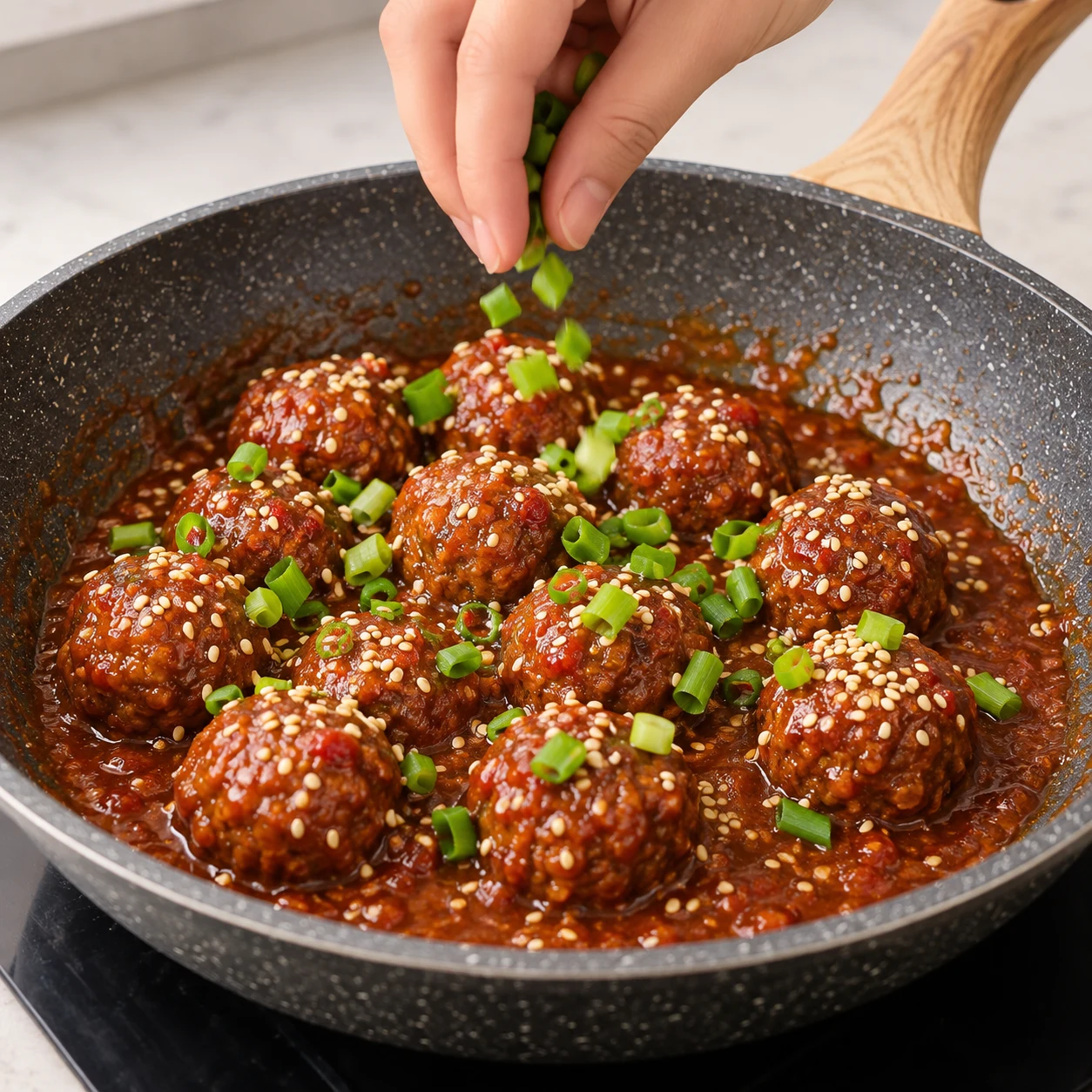 Décorer les boulettes : Parsème les boulettes de graines de sésame et de vert de cébette. La source suggère de servir avec du riz, sans en donner la quantité ni la cuisson : cet accompagnement reste distinct de la recette des boulettes.