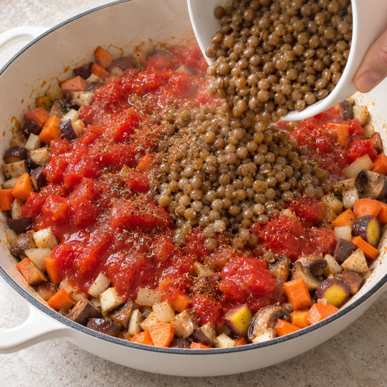 Poêle contenant légumes et lentilles ; tomates rouges concassées ajoutées, aucun ingrédient futur.