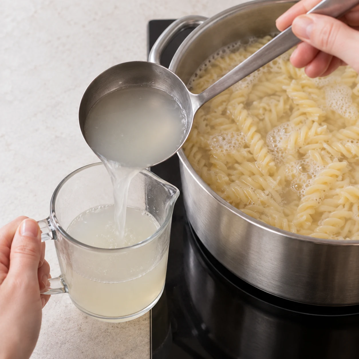 Une main anonyme prélève l’eau de cuisson trouble des fusilli dans une tasse neutre, à côté de la casserole de pâtes ; aucune sauce.