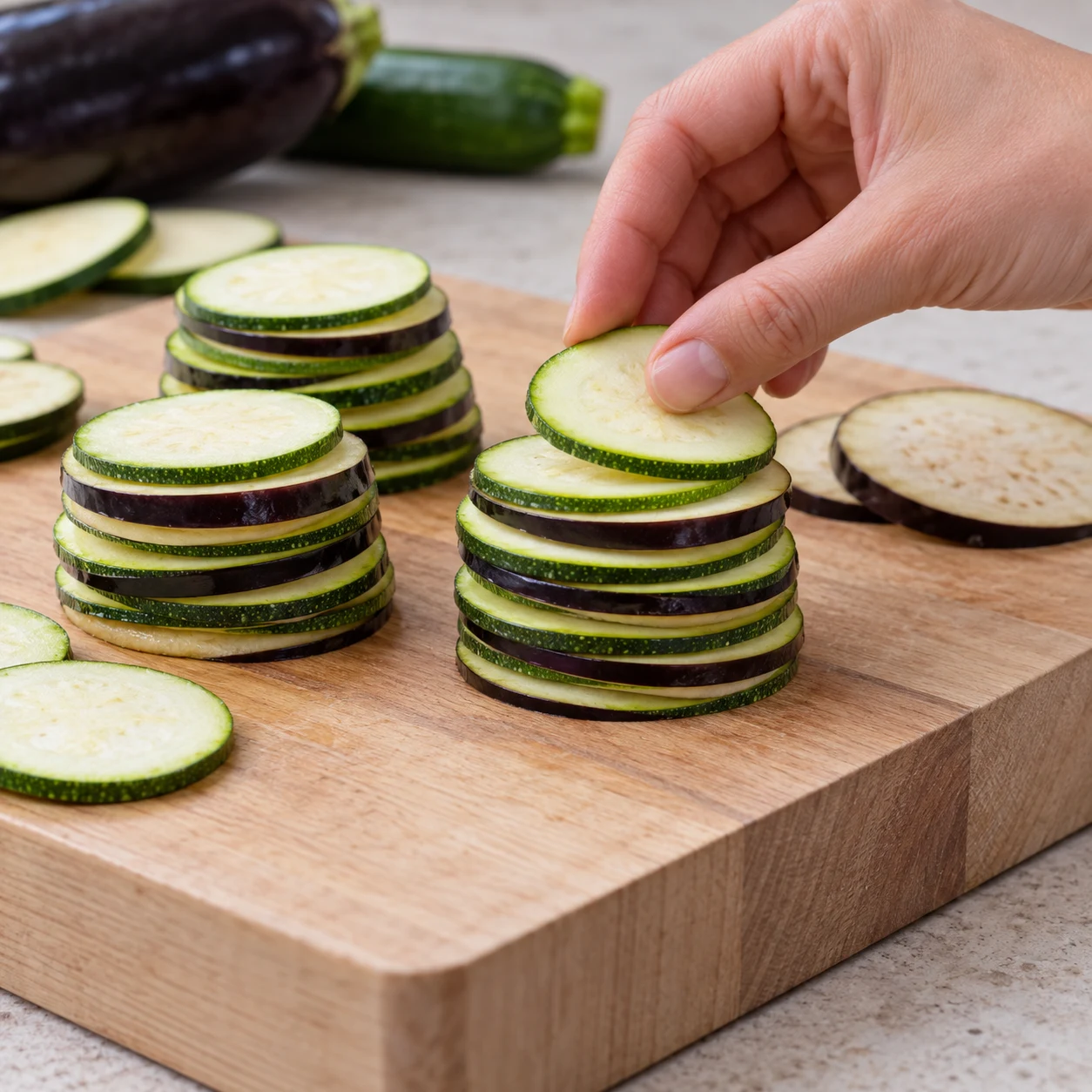 Former les millefeuilles : De petites piles alternent les rondelles de courgettes et d’aubergine. Rondelles d’aubergines et de courgettes vertes uniquement ; aucune rondelle de tomate, aucune courgette jaune.