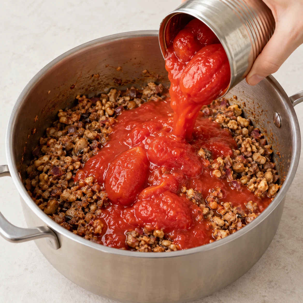 Des tomates pelées et leur jus rouge versés depuis un récipient neutre dans le haché doré ; aucun haricot encore.