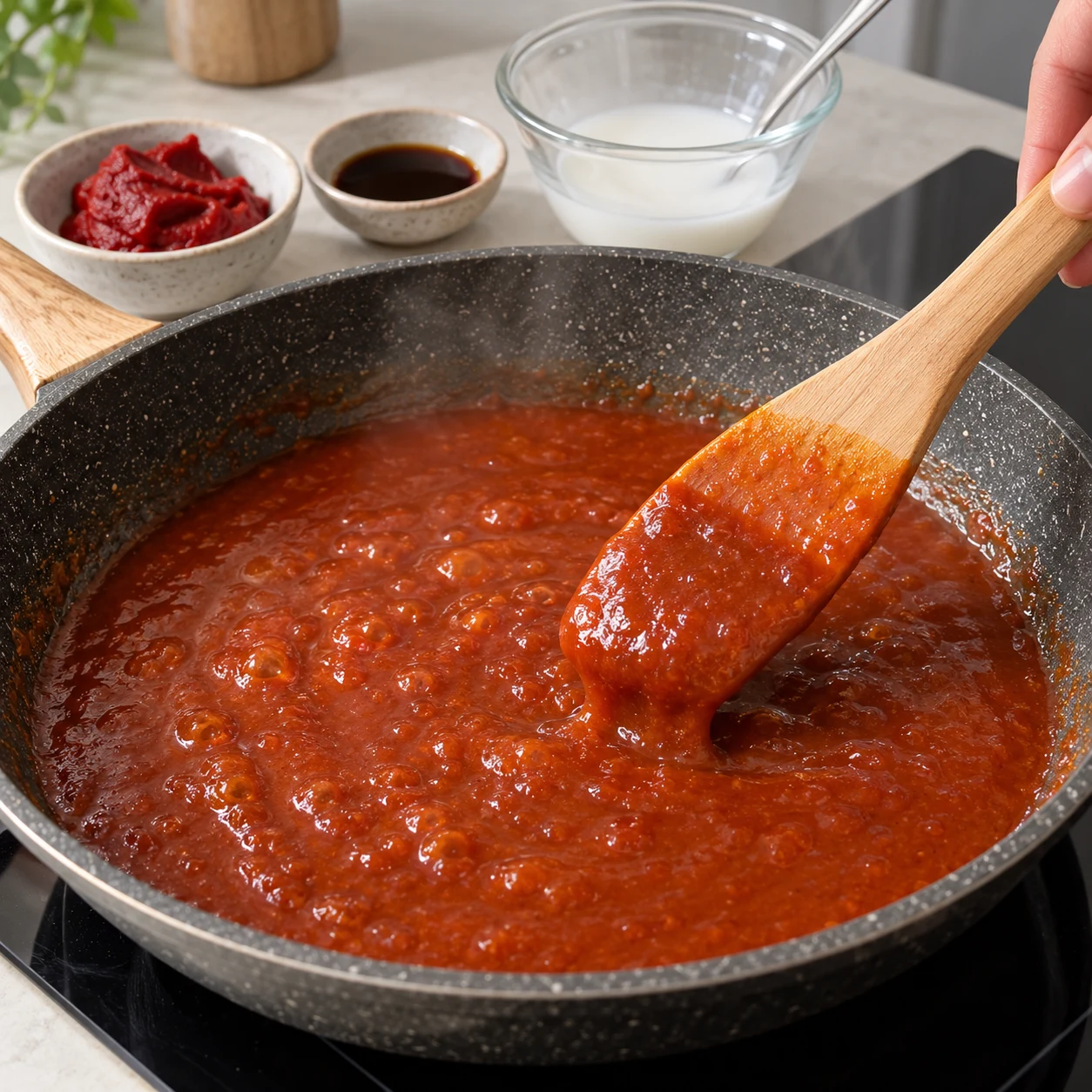 Épaissir la sauce : Verse la maïzena délayée dans la sauce en remuant.