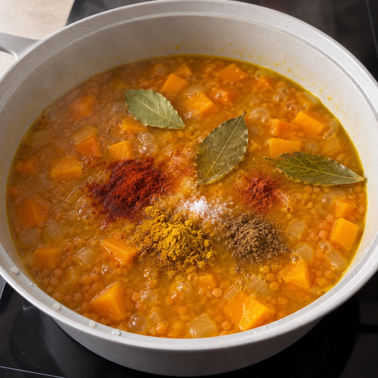Épices colorées et feuilles de laurier ajoutées à la soupe encore en morceaux.