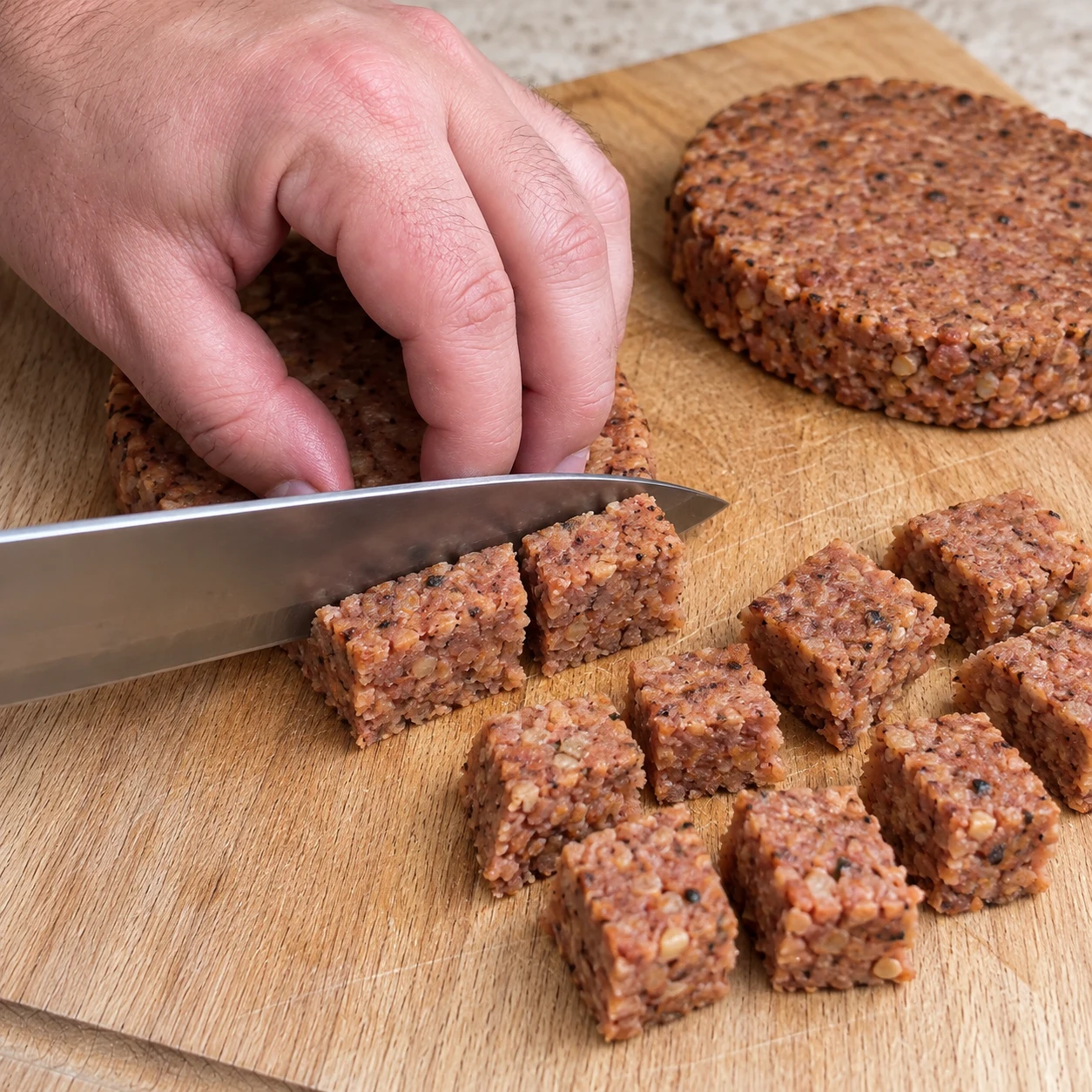 Couper activement des steaks végétaux de pois et fèveroles, texture hachée brun rosé, en bouchées régulières. Doigts repliés, couteau sur planche stable. Aucun tofu blanc ni poulet.
