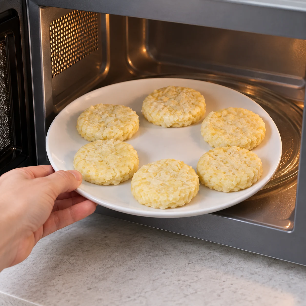 Six petites galettes de pommes de terre décongelées dans une assiette adaptée au micro-ondes.