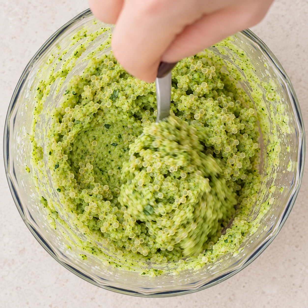 Ajoutez le quinoa cuit à la purée de brocoli et mélangez à la cuillère. Montrer cette seule action et le résultat décrit, sans texte.