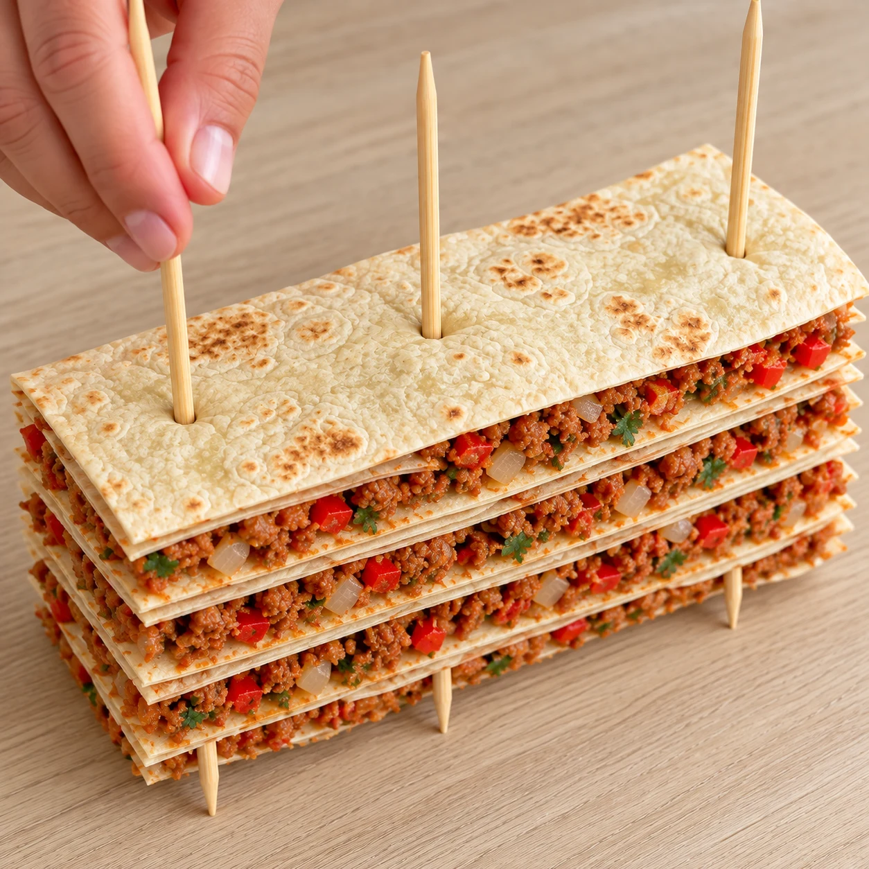 Traversez le bloc avec trois piques à brochettes espacées régulièrement, en tenant les doigts hors du trajet des pointes. Montrer uniquement cette phase, sans texte ni personne identifiable ; soja cuisiné brun-rouge émietté, jamais viande rose.